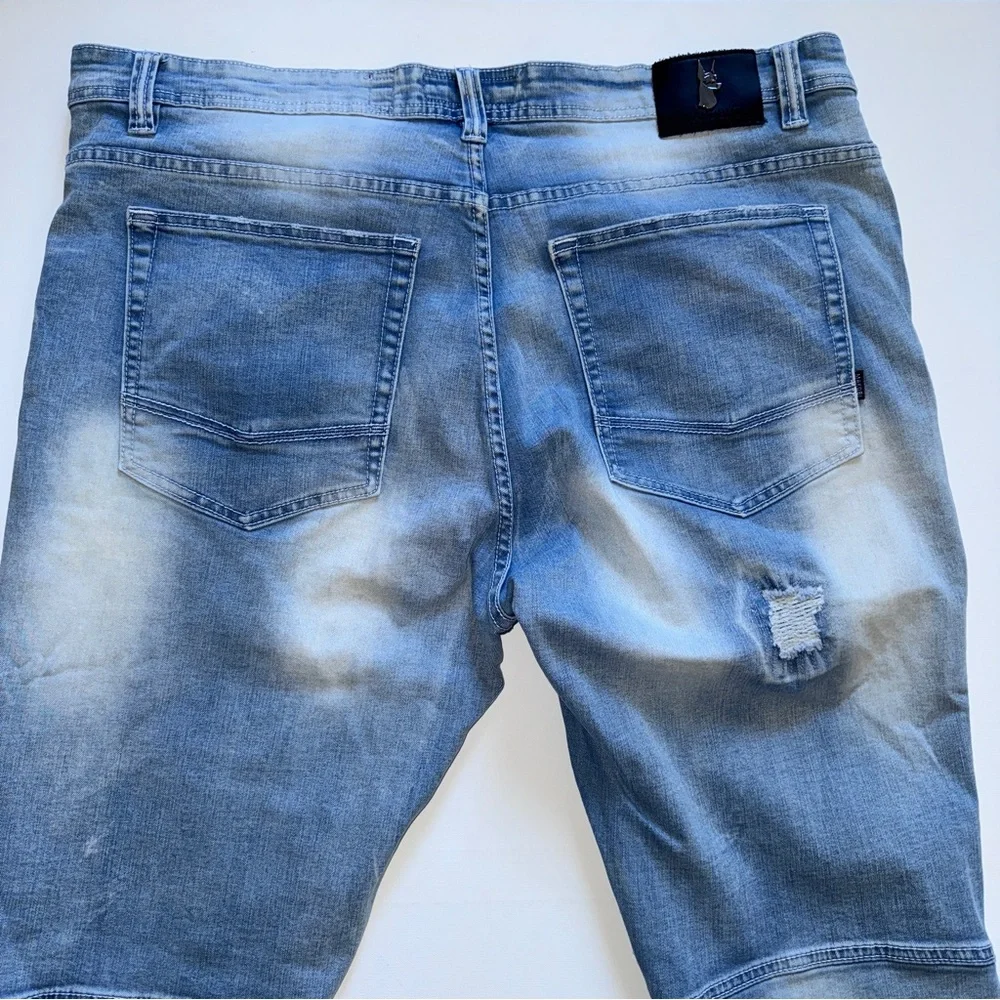 MAKOBI Prado Biker Jeans Light Wash Distressed Moto Rip & Repair Slim Fit 42x32